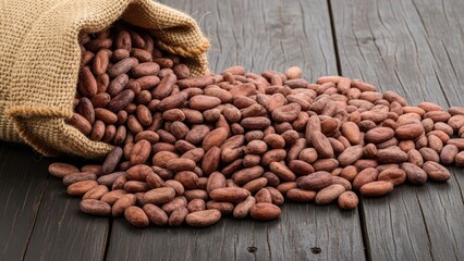 Burlap sack overflowing with raw cocoa beans on rustic wooden surface for organic chocolate production