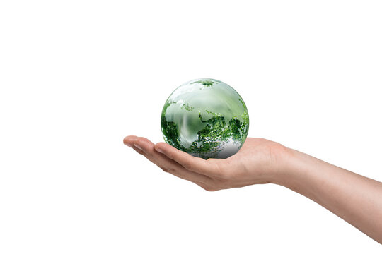 Hand holding green earth, World Environment Day, Earth Day, and ESG concept.