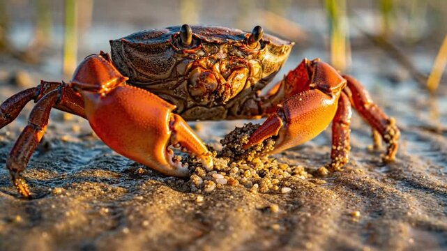 Close-up of a vibrant crab with striking orange claws manipulating sand on a sunlit beach in natural environment