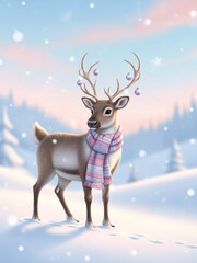 銀世界でマフラーを巻いたトナカイ