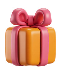 Vibrant 3D Rendered Orange Gift Box with Glossy Pink Ribbon and Bow, Isolated on White Background, Perfect for Celebrations and Special Occasions.