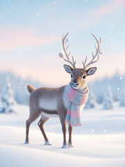 銀世界でマフラーを巻いたトナカイ