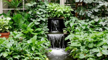 Lush Indoor Garden with Water Fountain Surrounded by Green Foliage in Bright Conservatory