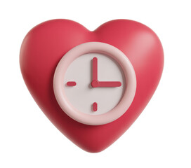 Time for Love: A vibrant 3D rendered red heart with a minimalist clock embedded, symbolizing love, time, and relationships, isolated on a clean white background