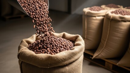 Sacks of raw cocoa beans pouring into burlap bags in a warehouse setting for chocolate production
