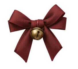 A festive and elegant dark red (burgundy) fabric bow, meticulously tied and adorned with a classic golden jingle bell, presented against a clean, crisp white background