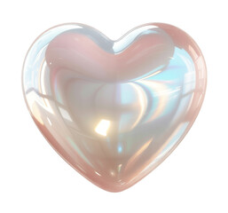 Iridescent Glass Heart with Pearlescent Sheen on White Background - A Symbol of Love and Romance with Soft, Reflective Hues, Ideal for Valentine's Day or Abstract Concepts.