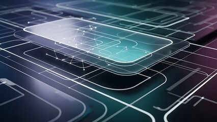 Futuristic digital circuit board with glowing neon lines and microchip.