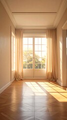Light-filled room with parquet floor & cream walls; bright sun streams through french doors, drapes hanging on each side