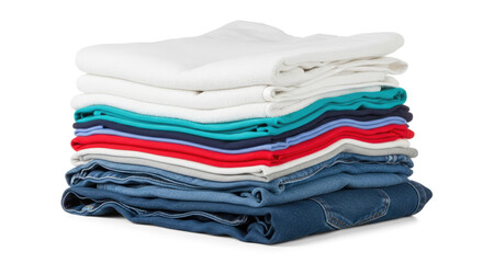 A stack of neatly folded clothes, including white, blue, and red shirts and jeans, on a png transparent