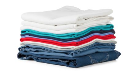 A stack of neatly folded clothes, including white, blue, and red shirts and jeans, on a png transparent
