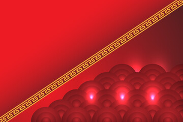 Chinese New Year background with red lanterns and gold pattern. Vector illustration.