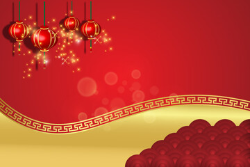 Chinese new year background with red paper lanterns and ornaments
