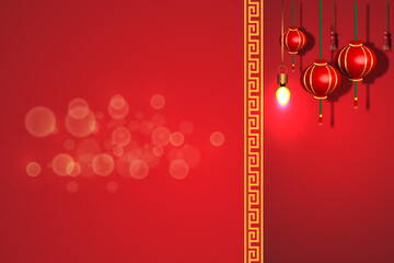 Chinese New Year red background with hanging lanterns. Vector illustration.