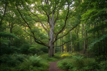 Fototapeta premium Tall Ash Tree in Lush Green Woodland Forest Nature Scene