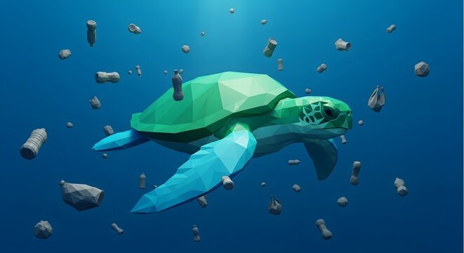 Low poly sea turtle swimming through ocean plastic pollution. 3D illustration of marine life threatened by waste bottles and garbage. Environmental conservation concept background.