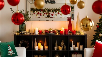 Cozy living room decorated with christmas decorations and ornaments with candles and christmas tree