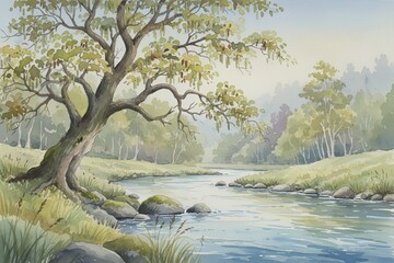 Watercolor Alder Tree by River in Soft Nature Landscape Illustration