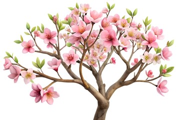 Watercolor Almond Blossom Tree with Pink Flowers on White Background