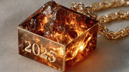Luxury Cube Pendant Necklace with Fire Effect and Year 2025 Engraving in Gold Chain