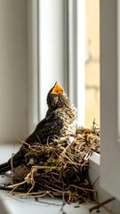 Fledgling bird sits on a window sill inside a nest with its beak wide open, waiting for food