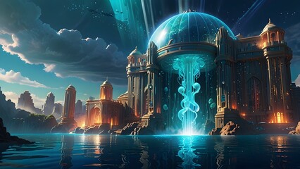 Lost city of Atlantis with Art Deco architecture and glowing jellyfish.
