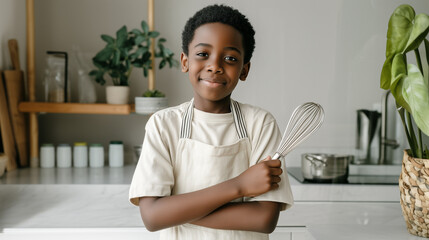 Young boy wearing apron holding whisk inside modern kitchen, smiling during cooking activity. Child learning culinary skills, food preparation education, home baking lesson, happy chef.