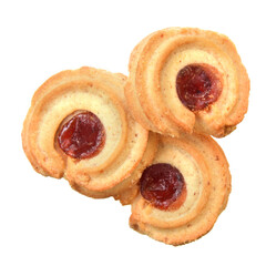 Butter cookies with jam closed up view above isolated on white