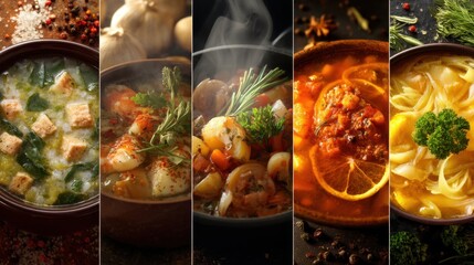 Collection of different soups and stews, including one with a lemon wedge on top. Concept of warmth and comfort, as these dishes are often associated with cozy meals and family gatherings