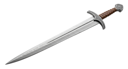 A detailed, intricately designed medieval sword with a Damascus steel blade and ornate hilt, lying on a white surface with a shadow cast.