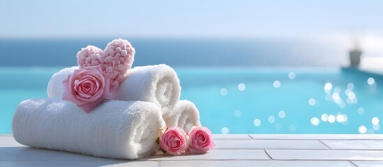 infinity pool with rolled-up towels and romantic decorations for Valentine's Day