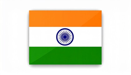 India&rsquo;s national flag waving on pole, saffron-white-green stripes with navy blue Ashoka Chakra centered, circular backdrop with soft blue-pink hues evokes pride, unity, and cultural symbolism.