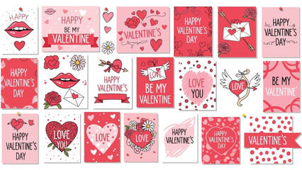 Collection of charming flat design printable valentine greeting cards featuring hearts flowers lips and affectionate holiday messages