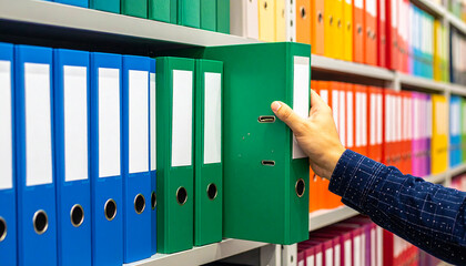male hand choosing a green ring binder, file folder from a shelf display