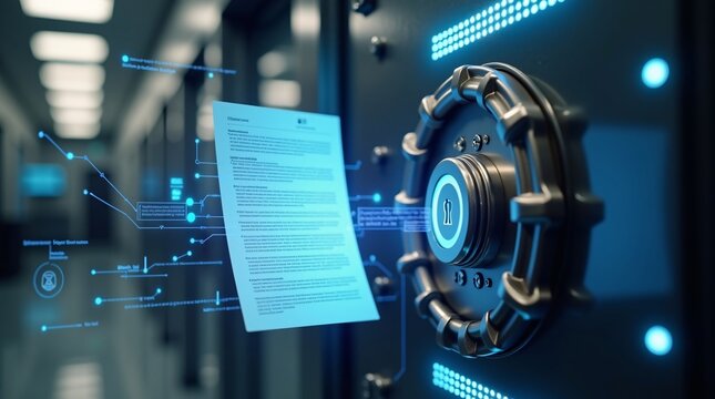 Futuristic Cybersecurity Data Vault &ndash; Digital Lock and Secure Server Environment