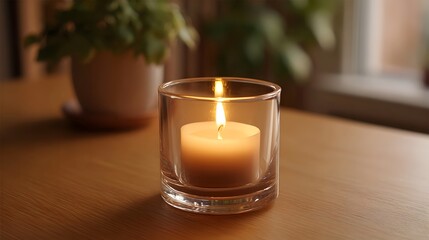 A single lit candle in a clear glass holder on a wooden table casting a warm and serene glow
