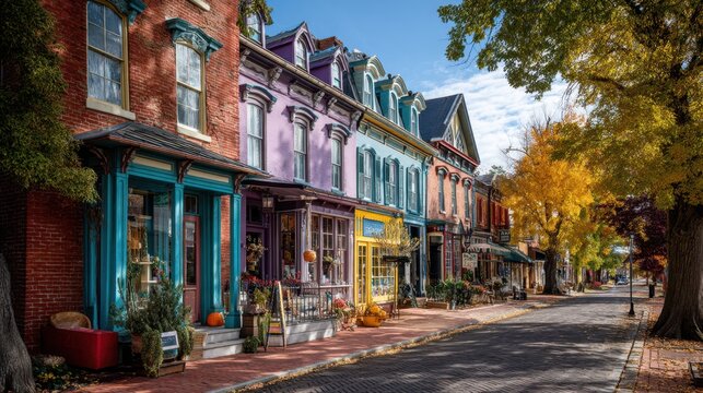 In a small town colorful buildings sit along a quiet street. Autumn trees surround the scene showing bright yellow and orange leaves. Shops display seasonal decorations.