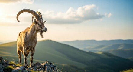 A mountain goat standing on a rocky outcrop with a scenic mountainous background.
