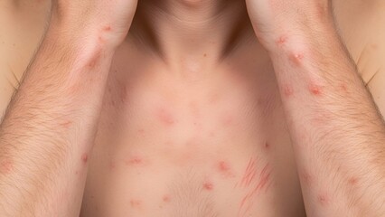 Close-up of a human chest and hairy arms covered in red spots and rashes, representing a viral infection or severe allergy