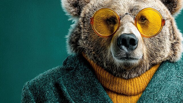 Bear in yellow sunglasses and green patterned suit, emerald background top-down shot, lively vibe fun commercial advertising visual material