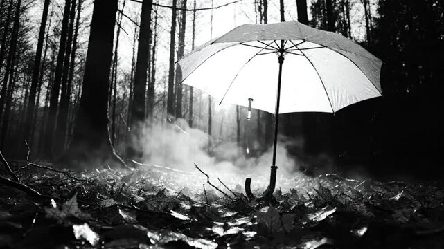 Black and white shot of an open umbrella standing in a forest amidst fog and fallen leaves