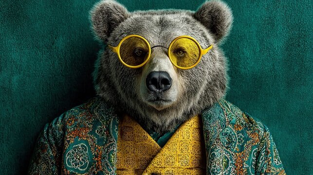 Bear in yellow sunglasses and green patterned suit, emerald background top-down shot, lively vibe fun commercial advertising visual material