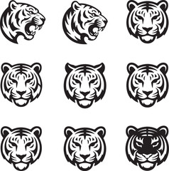 Black and white tiger head illustrations in various poses and expressions