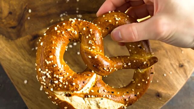 A warm, golden pretzel with seeds on a wooden board, being touched by a hand