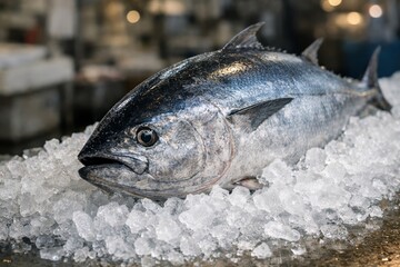 Fresh raw tuna fish  on crushed ice displayed for sale at a seafood market and restaurant 