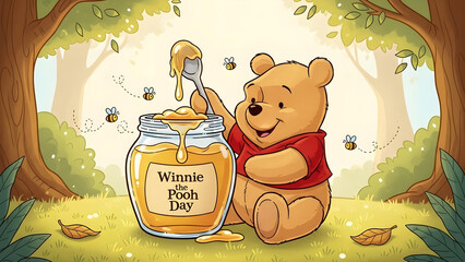 Winnie-the-Pooh enjoys honey in forest