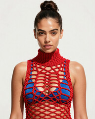 Gen-Z Woman in Structured Primary-Red Technical Crochet and Blue Sports Bra.