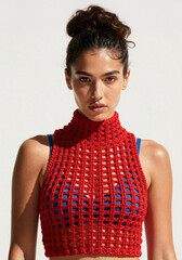 High-Energy Fashion Portrait of Model in Architectural Technical Knitwear.