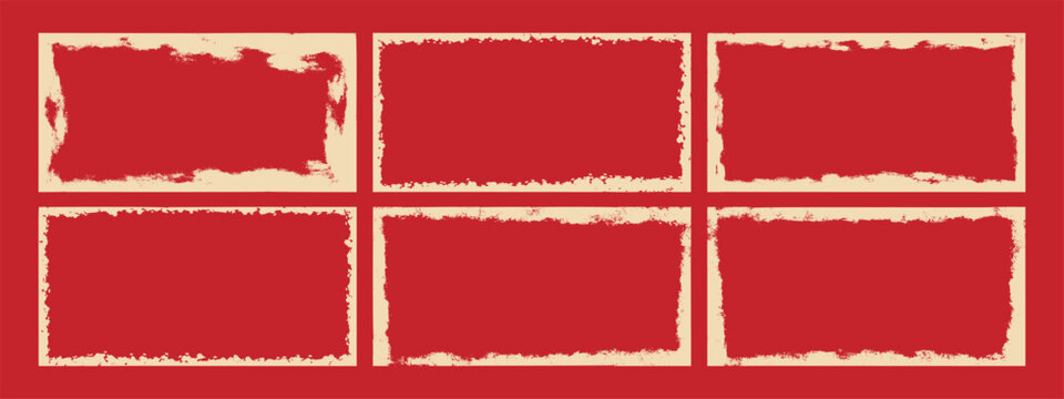 Vintage distressed border frames collection. Horizontal rectangle grunge edges with rough ink texture and uneven corners. Retro frame kit.