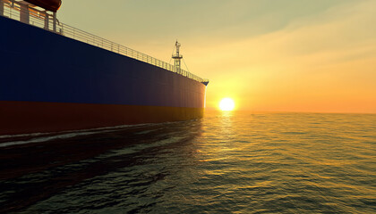 Maritime journey at sunset - ocean vessel navigating seas with breathtaking horizon